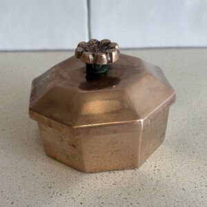 Vintage Brass Hexagon Trinket Jewelry Box With Floral Handle Decorative Storage